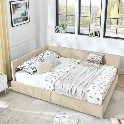 Mid-Century Storage Upholstered Tufted Bed Frame With Backrest And Armrests