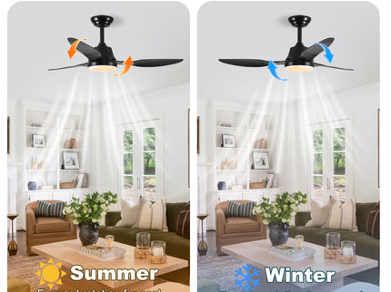 Ceiling Fan With Light, 3 Blades, Remote Control, 6 Speed Reversible DC Motor For Living Room - Black