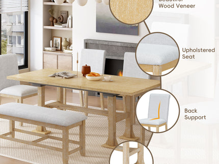 Topmax - 6 Piece Farmhouse Extendable Dining Table Set Trestle Kitchen Table Set With Removable Leaf And Upholstered Dining Chair And Bench For Dining Room