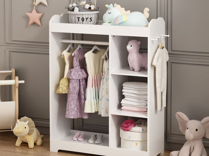 Dress Up Storage With Mirror And Hooks, Clothes Rack With Hanging Rod, 3 Side Hooks, Open Shelves, Top Shelf Organizer - White