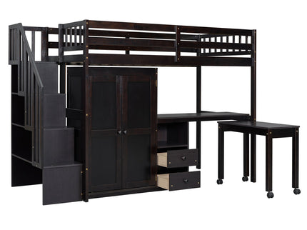 Loft Bed With Stairs, Bookshelf, Drawers, Desk & Wardrobe, Space Saving Multifunctional Furniture