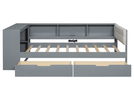 Upholstered Headboard Platform Bed With Storage Shelves, Drawers, Charging Station