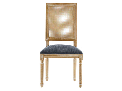 French Country Dining Chair With Rectangular Cane Backrest And Smooth Upholstered Seating