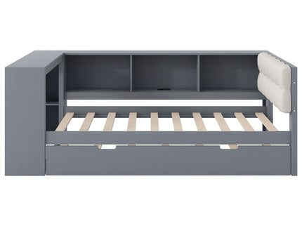 Upholstered Headboard Platform Bed With Storage Shelves, Trundle, Charging Station