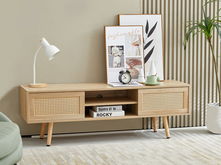 55.12" Rattan TV Cabinet, Double Sliding Doors For Storage, Adjustable Shelf, Solid Wood Legs, TV Console For Living Room