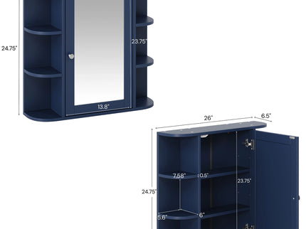 Bathroom Wall Storage Cabinet With Mirror And Adjustable Shelf, 6 Open Shelves