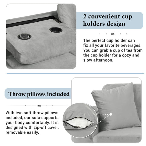 Modern Sectional Sofa With Storage Ottoman, L - Shape Couch With 2 Pillows And Cup Holders