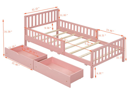 Platform Bed With Guardrails On Both Sides And 2 Storage Drawers