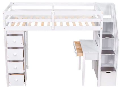 Loft Bed With Storage Drawers, Desk And Stairs With Shelves