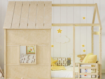 House Floor Bed With 7 Color LED Light, Built In Bookshelf