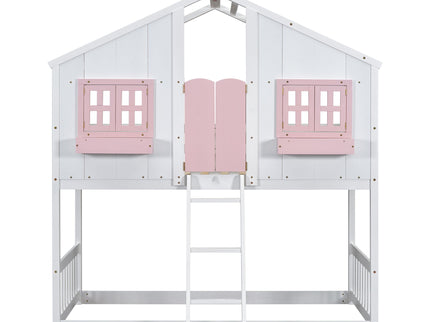 House Bunk Bed With Roof, Window, Window Box, Door, With Safety Guardrails And Ladder