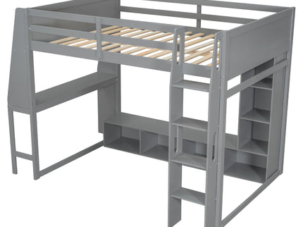 Gaming Loft Bed With Desk, Multi Storage Shelves, LED Lighting, And Hanging Clothes Rack