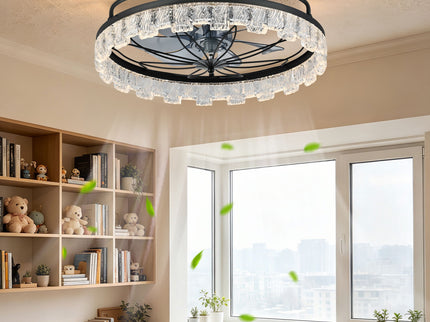 Ceiling Fan With Light, Flower Caged Ceiling Fan With Remote, LED Low Profile Ceiling Light - Matte Black