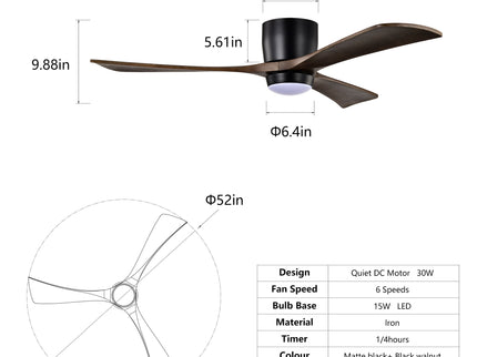 Flush Mount Blades Ceiling Fan With Lights Remote Control, Quiet DC Motor, 6 Speed, Reversible Ceiling Fan For Living Room - Matte Black
