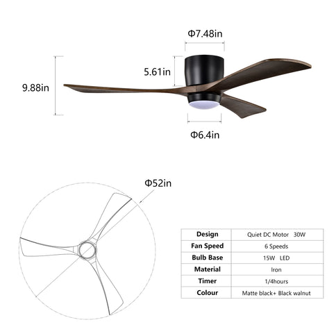 Flush Mount Blades Ceiling Fan With Lights Remote Control, Quiet DC Motor, 6 Speed, Reversible Ceiling Fan For Living Room - Matte Black