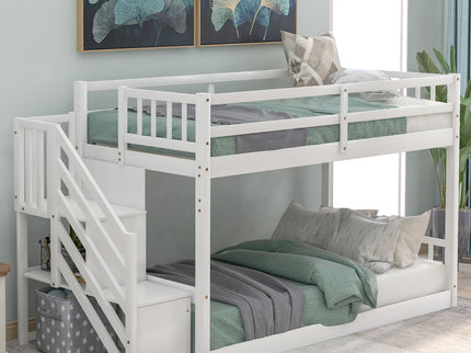 Twin Over Twin Floor Bunk Bed, Ladder With Storage