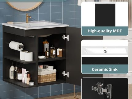 Modern Wall Mounted Bathroom Cabinet With Side Shelf And Ceramic Sink