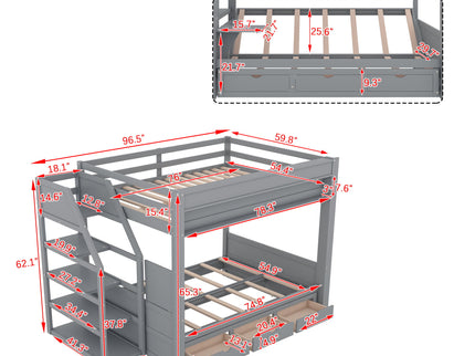 Wood Full Size Convertible Bunk Bed With Storage Staircase, Bedside Table, And 3 Drawers - Gray
