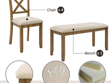 6 Piece Dining Table Set, Large Rectangular Table With Upholstered Bench & 4 X - Back Chairs, Kitchen Furniture - Oak