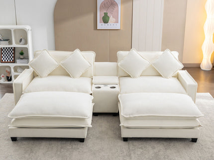 Sectional Sofa Upholstered Sofa With Two Removable Ottoman, Two USB Ports, Two Cup Holders And Large Storage Box For Living Room