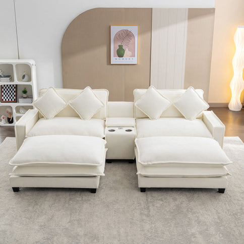 Sectional Sofa Upholstered Sofa With Two Removable Ottoman, Two USB Ports, Two Cup Holders And Large Storage Box For Living Room