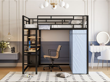Loft Bed With Desk, Shelves, Power Outlet, LED Light And Wardrobe