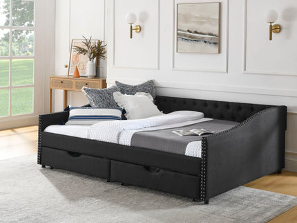 Upholstered Tufted Daybed With 2 Drawers, Waved Arms