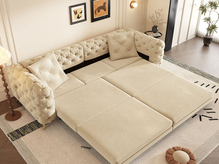 3 In 1 Convertible Sleeper Sofa, Pull Out Bed, Button Tufted, 4 Seater Couch With Movable Ottoman For Apartment - Apricot