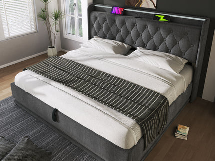 Upholstered Bed, 360 Surround LED Function, Remote Control, Hydraulic Storage Bed With USB, Type-C Charging (Without Mattress)