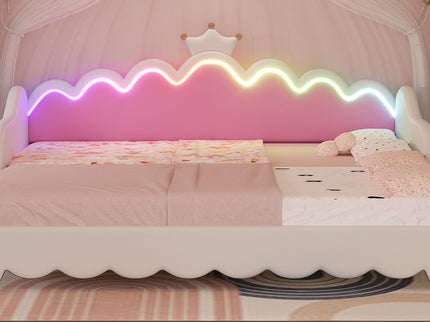 Extending Daybed With LED Lights, Modern Upholstered Princess Daybed With Crown Headboard