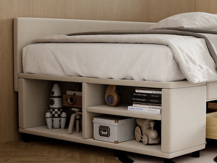 L Shaped Upholstered Platform Bed With Storage And Drawers