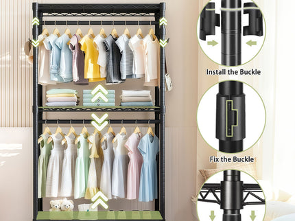 Heavy Duty Rolling Clothes Rack With 3 Tier Shelves, 2 Rails & Side Hooks, Adjustable Freestanding Organizer Metal - Black