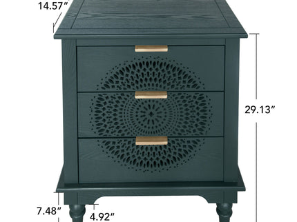 Hollow Carved 3 Drawer Dresser With Metal Handles, Storage Chest For Living Room Or Bedroom - Blackish Green