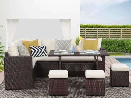 7 Piece Patio Dining Set With Cushions, Modular Sectional Sofa & Storage Table