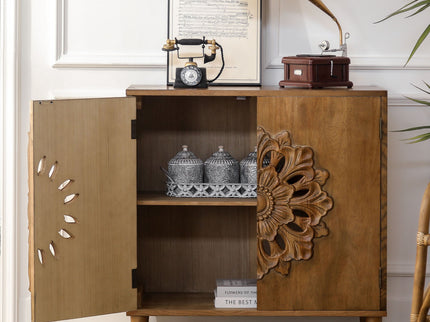 2 Door Accent Storage Cabinet With Floral Design, Sideboard For Living Room - Dark Brown