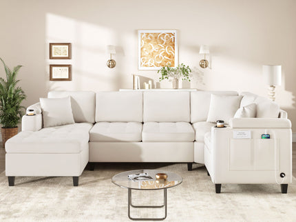 U Shaped Sectional Sofa, Corner Living Room Couch With Built In Cup Holders, Storage, USB Ports