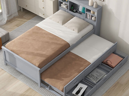 Platform Bed With Storage Headboard, USB, Trundle And 3 Drawers
