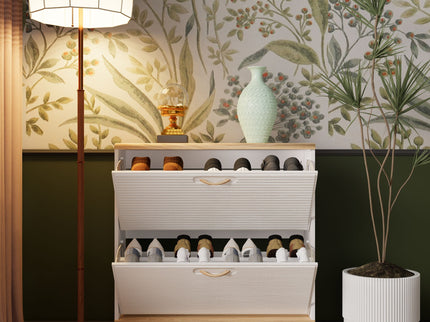 Narrow - Entryway Shoe Storage Cabinet With 2 Flip Drawers Legs - Natural / White