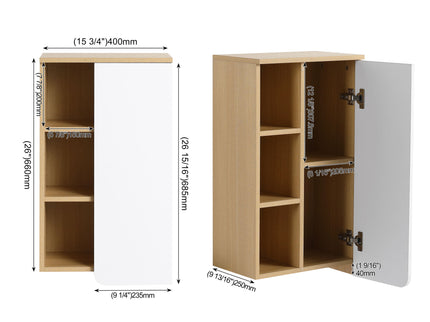 Wall Mounted Bathroom Side Cabinet, Single Door With 3 Tier Open Shelves - Black / Light Oak / White