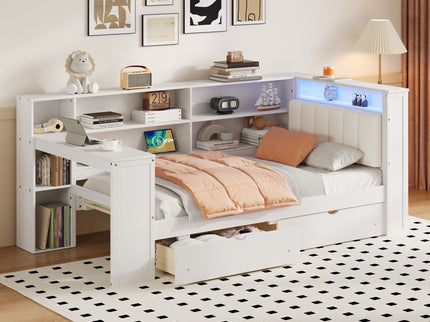 Platform Bed With Upholstered Headboard, Storage Shelves, Drawers, Charging Station, LED Lighting, Built In Desk