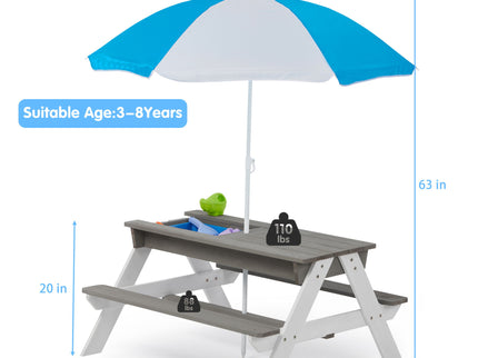 3-In-1 Kids Outdoor Wooden Picnic Table With Umbrella, Convertible Sand & Water, ASTM & CPSIA Certification