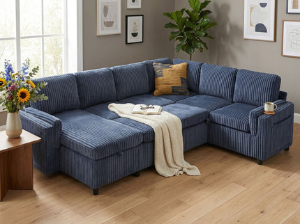 Convertible U-Shaped Sectional Sofa Bed With USB Ports And Storage