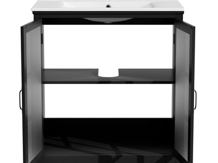 Modern Bathroom Vanity With Ceramic Sink, Tempered Blurred Glass Doors