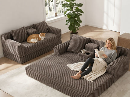 Soft Striped Convertible Sofa Bed, Dual Use Lounge Couch With Cup Holders And Pillows