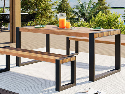 3 Pieces Outdoor Dining Table With 2 Benches, Patio Dining Set With Unique Top Texture, Acacia Wood Top & Steel Frame, All Weather Use, For Outdoor & Indoor - Natural