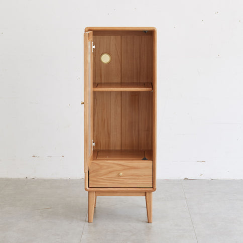 Free-Standing Corner Storage Cabinet With Vintage Glass Door, 2 Shelves, 1 Drawers & Brass Handle For Living Room - Natural