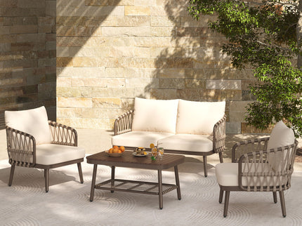 4 Piece Outdoor Patio Furniture Set, Metal Chairs With Woven Rope U Shaped Backrest