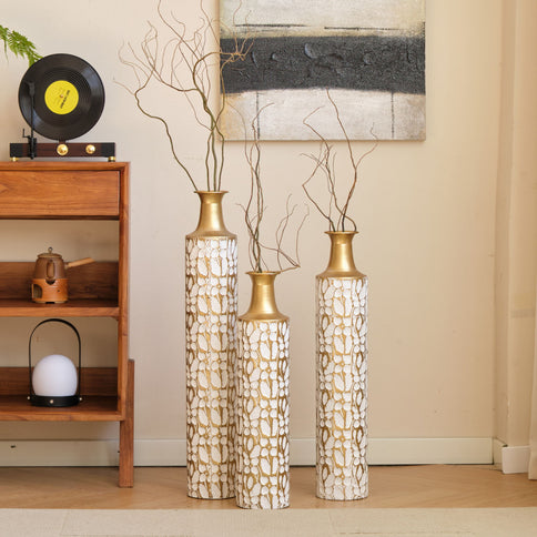 Floor Vases Large Vases Decorative High Vases (Set of 3) For Home Decor Vintage Large Vases Representing Twigs, Twigs Dried Flowers Living Room Antique Worn Vases - Antique White