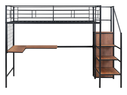 Loft Bed With Desk And Grid, Stylish Frame With Lateral Storage Ladder And Wardrobe