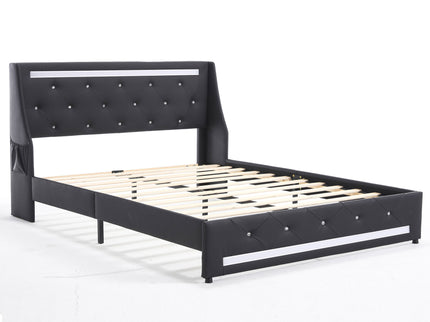 Wingback Upholstered Bed Frame With LED Lights, Charging Station